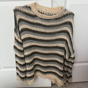 Chunky Striped Knit Sweater in Cream, Olive & Gray